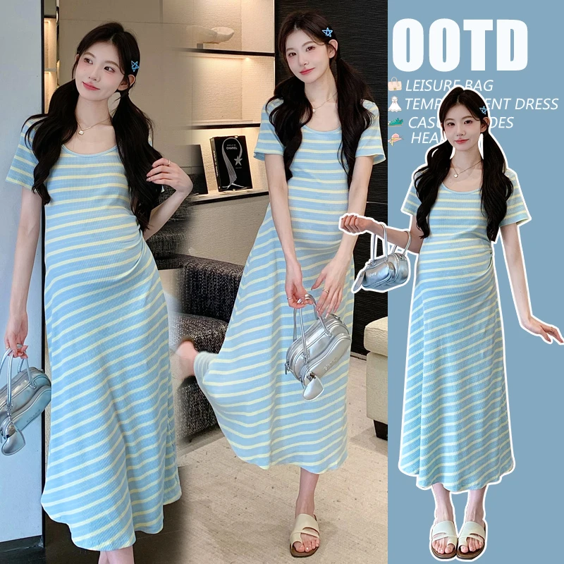 时髦孕妇装新款法式甜美减龄条纹短袖连衣裙夏季清爽显瘦百搭裙子