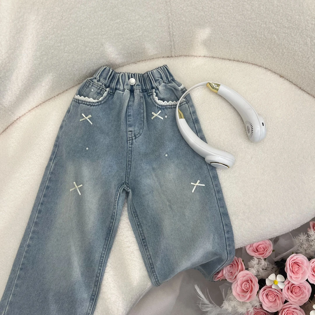 女童2025新款时尚洋气花边蝴蝶结牛仔裤A25816