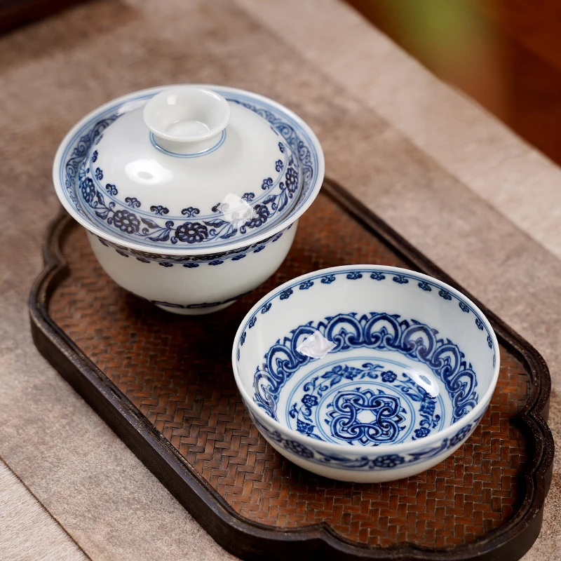 景德镇手工手绘釉下青花凤仿明宝相大号普洱杯陶瓷茶器具主人杯