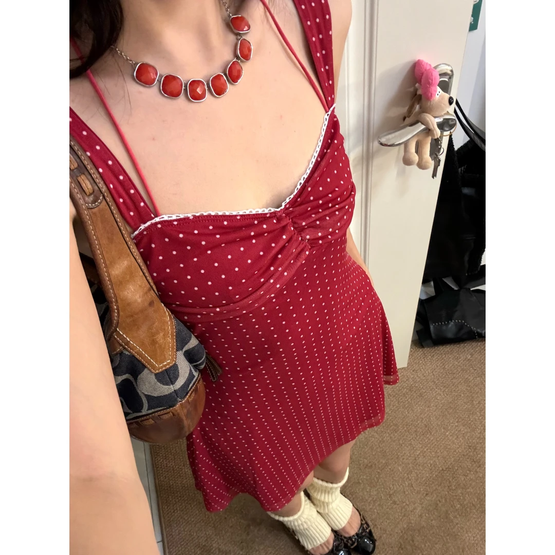 【壹叁】红色波点网纱收腰挂脖吊带连衣裙