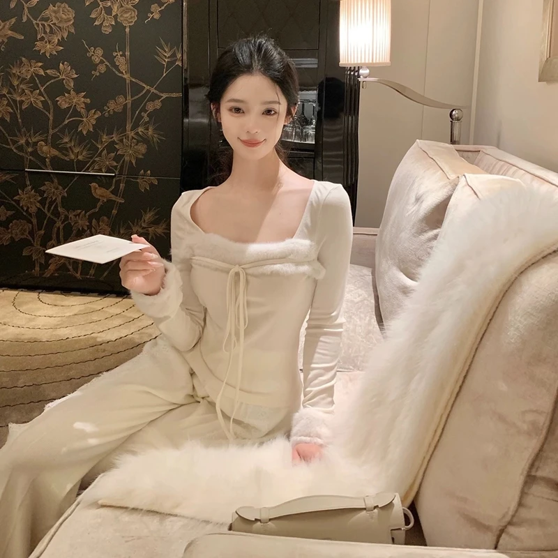 【秋月梨花 仿貂毛毛领】极简高级方领毛毛袖T恤气质秋冬上衣1973#