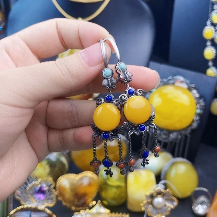 三***鱼琥珀银S925镶嵌裸石