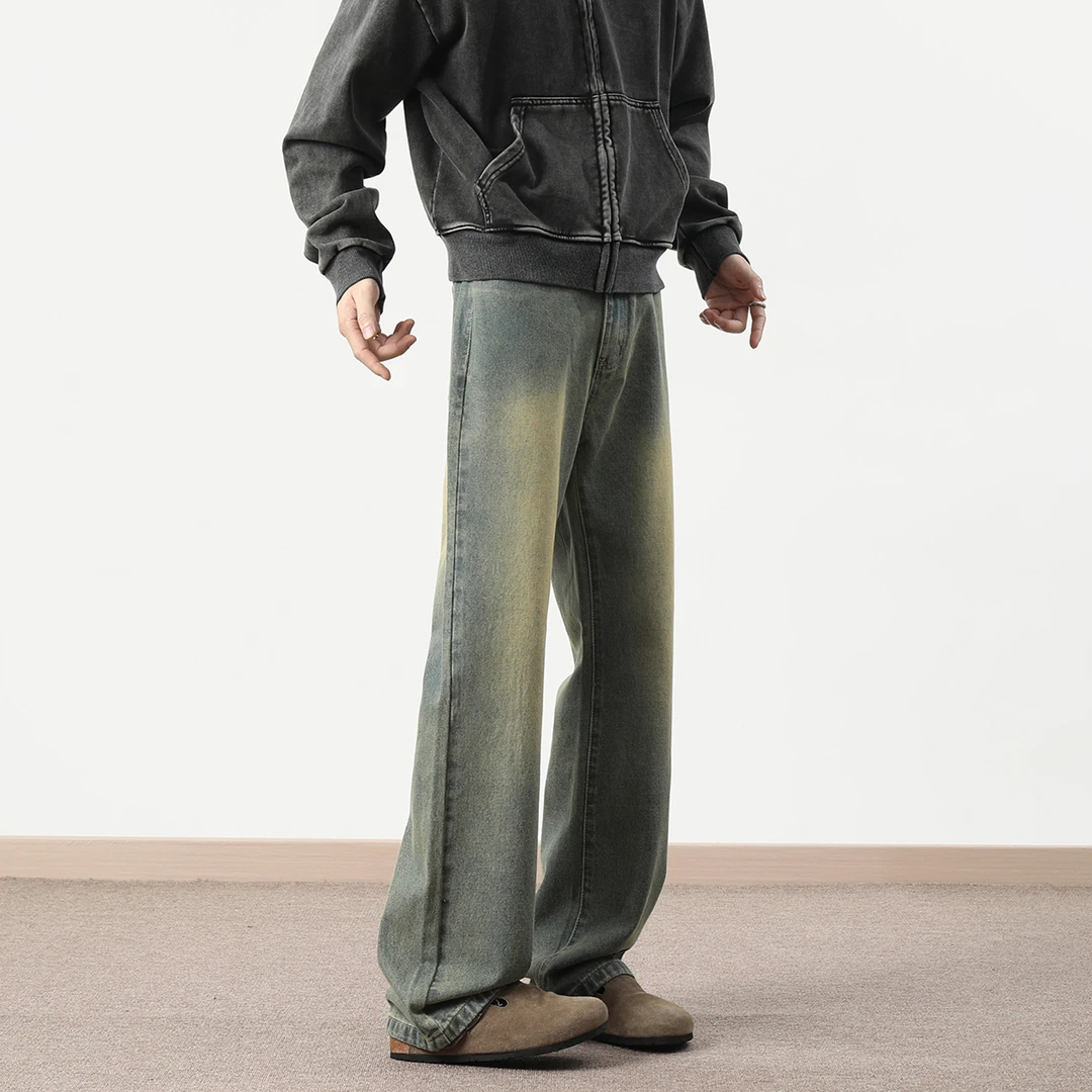 美式高街cleanfit春季新款水洗男款裤子百搭直筒微喇牛仔裤男款