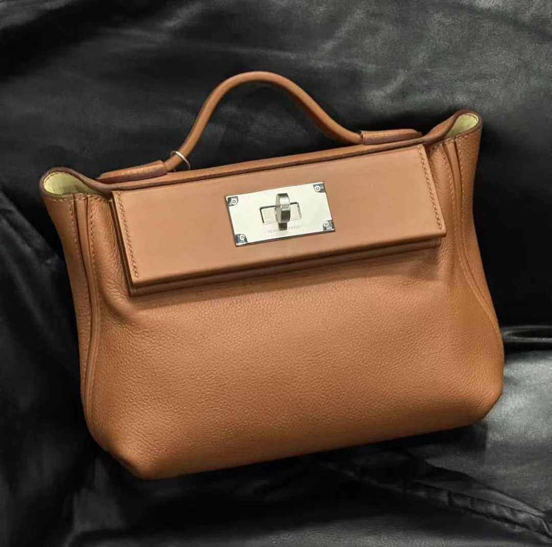 未使用 Hermes/爱马仕 mini2424 金棕银扣内拼小鸡黄ec皮 K刻