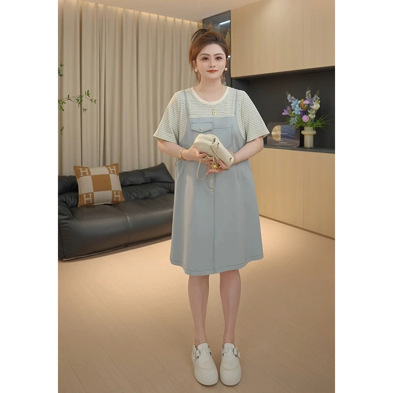 【胖佳佳】现货~吹吹海风 假两件条纹拼接连衣裙减龄百搭H625Z08791