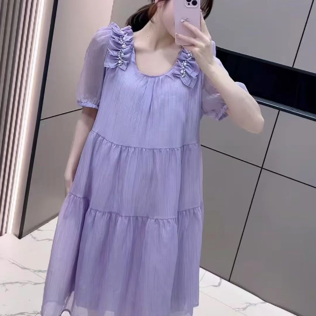 胖胖家*2551新款珍珠菲边减龄蛋糕褶连衣裙