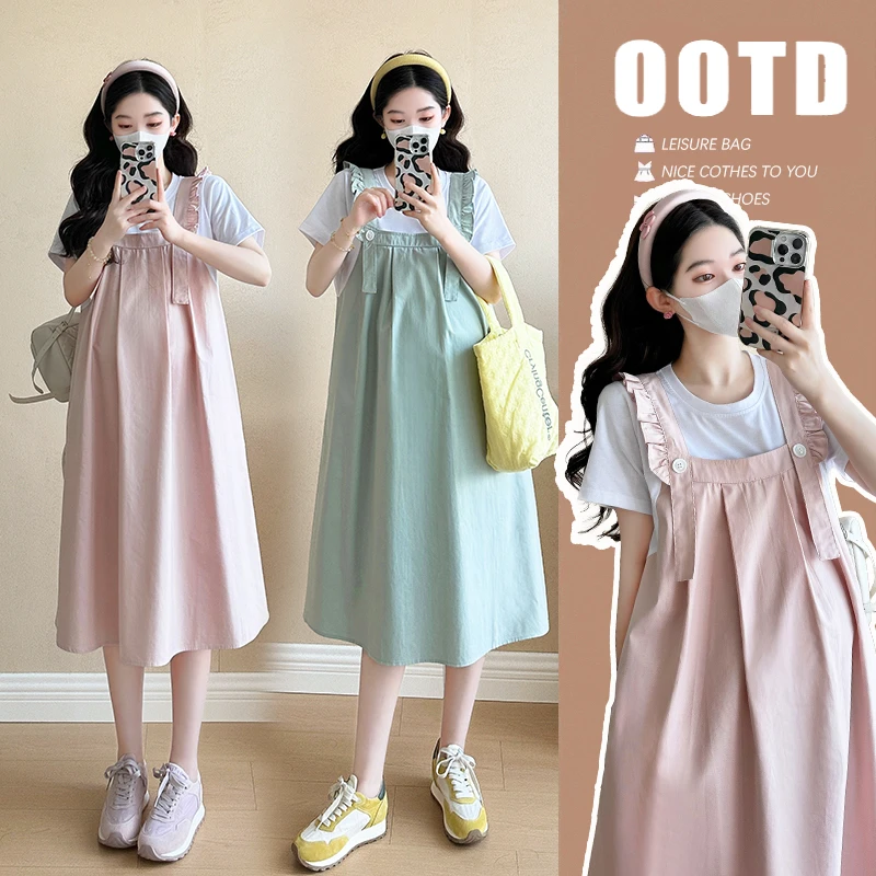 2025夏季新款显瘦时尚宽松遮肚拼接减龄甜美假两件中长款孕妇裙