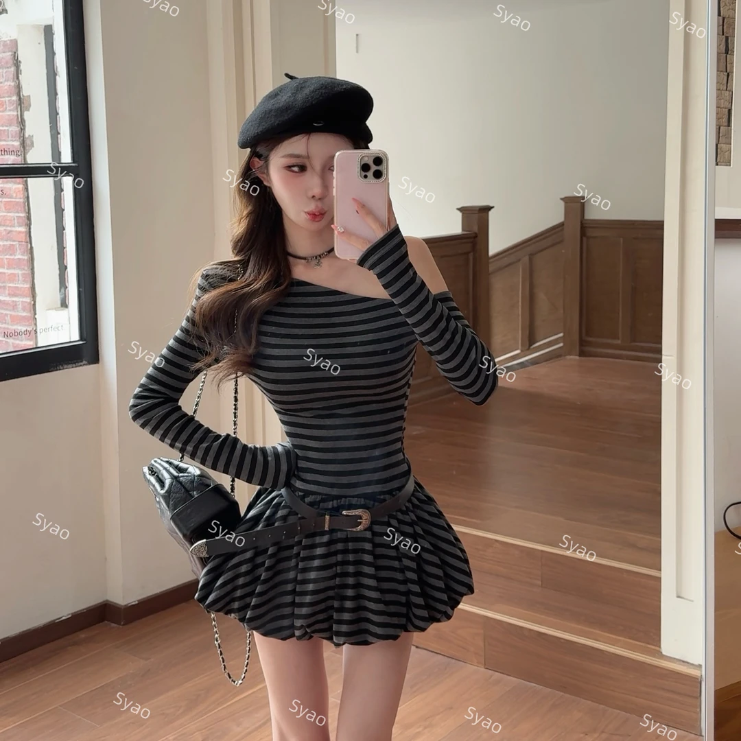 思瑶【天使之翼】斜肩条纹花苞针织长袖连衣裙#1212