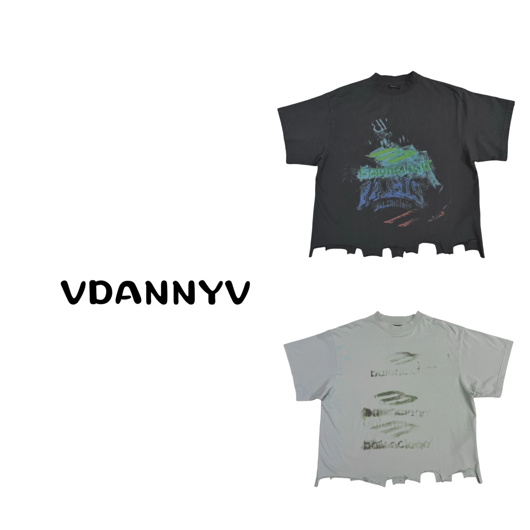 25SS 巴黎水洗破洞康利数码直喷印花 短袖T恤 男女同款