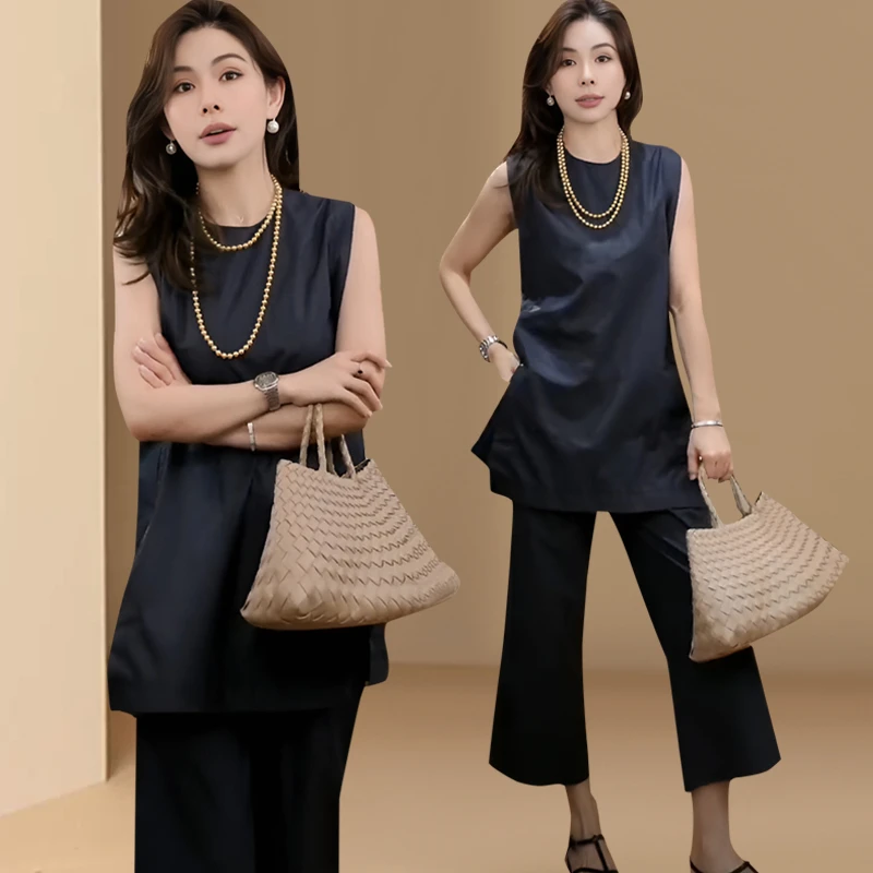 2025夏季时尚百搭松弛感外搭清新气质显瘦无袖上衣九分阔腿裤套装