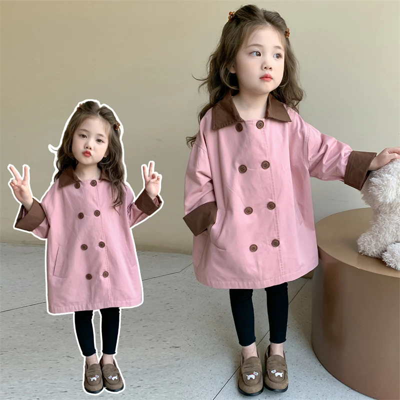 女童撞色风衣外套2025新款儿童时尚韩版外套中长款上衣小女孩秋装