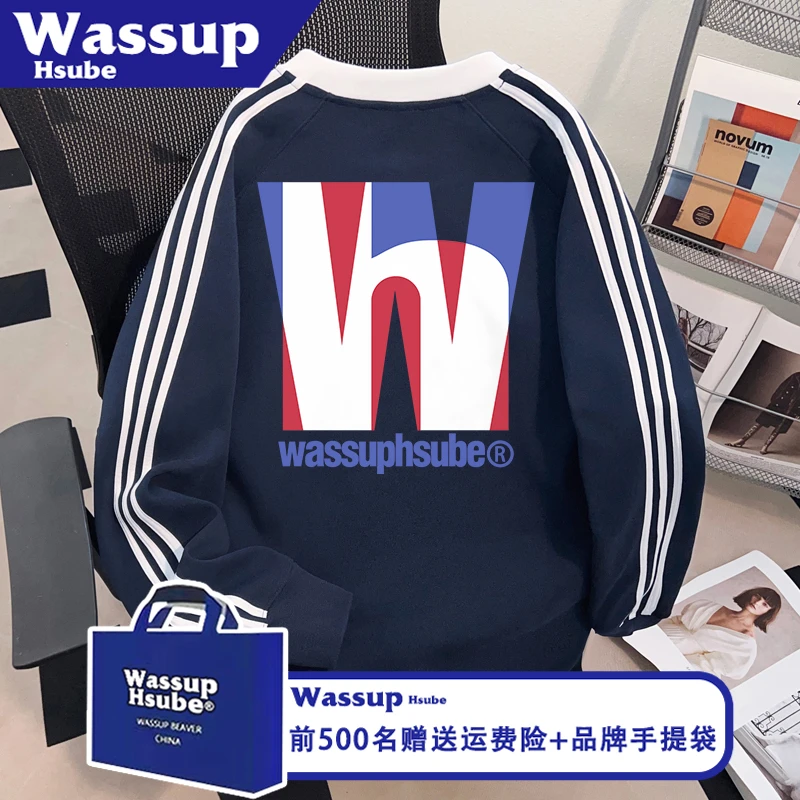 WASSUP HSUBE秋男女个性上衣炫酷字母印花T恤ins100%棉三条杠长袖
