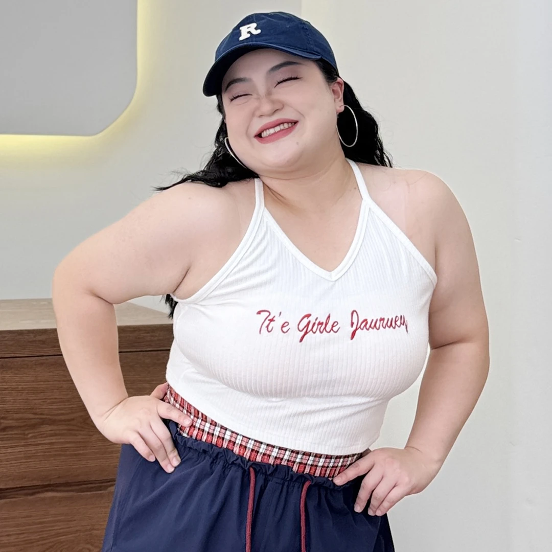 【福饮沸别】大码胖mm韩版小清新日常上衣刺绣挂脖吊带-2088