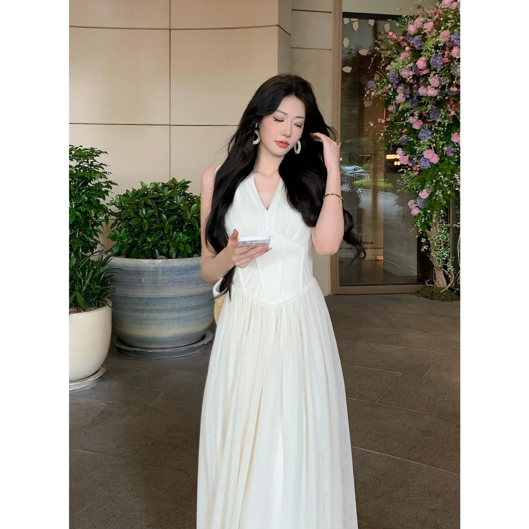 JIJINQI气质v领挂脖连衣裙女夏季修身网纱收腰a字礼服JD02LZPT961