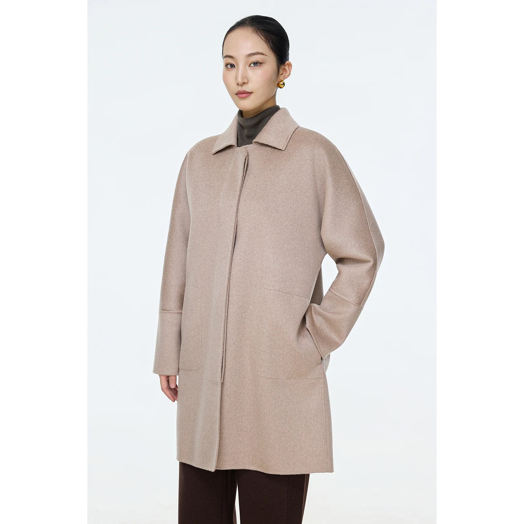 CRANE 24新款暗门襟娃娃领双面呢纯羊绒大衣秋冬新款中长款减龄