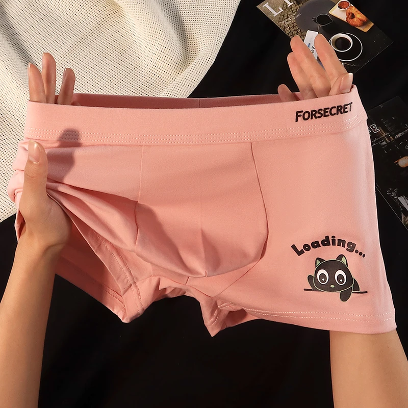 青少年纯棉透气内裤舒适潮流小猫中腰平角裤运动大码宽松学生裤头