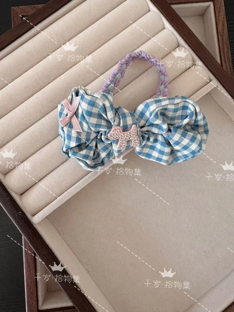 蓝绿色格子蝴蝶结发绳（024-025）