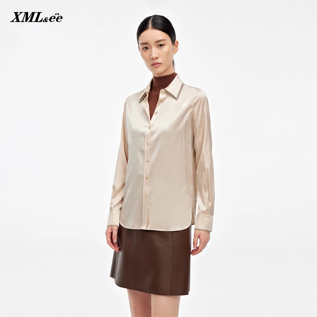 XMLee艾米尔 双层领桑蚕丝触感柔软长袖衬衫 X332C3322