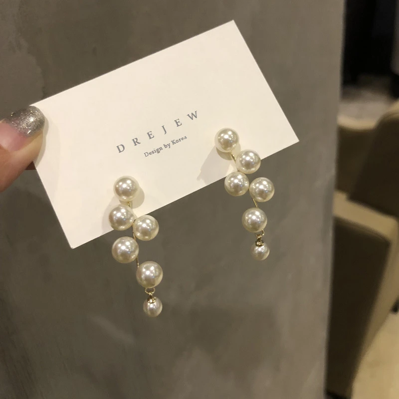 S925银针几何珍珠流苏耳坠时尚气质个性潮耳环耳饰