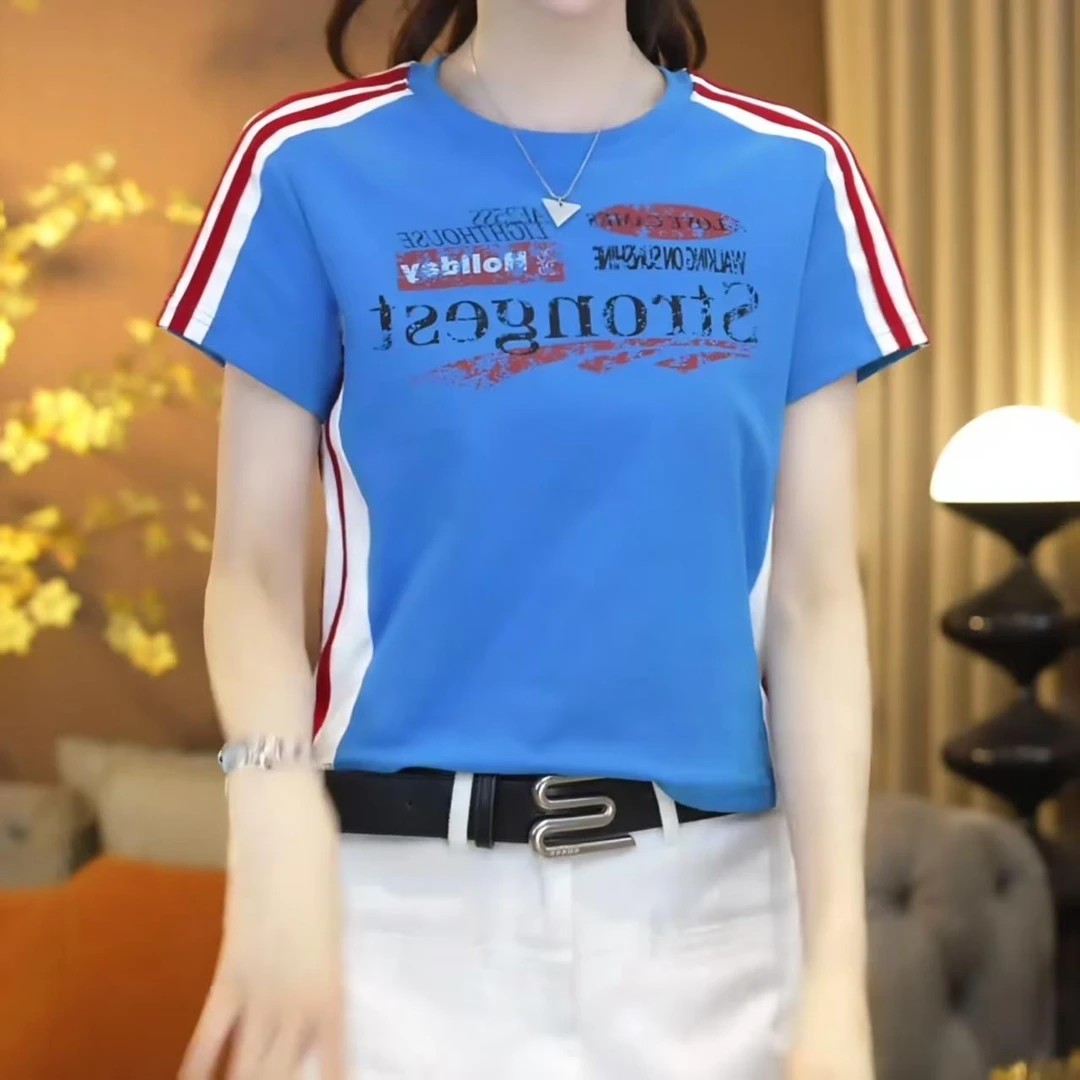美式高级撞色字母印花短袖T恤女2025夏季新款运动时尚休闲上衣
