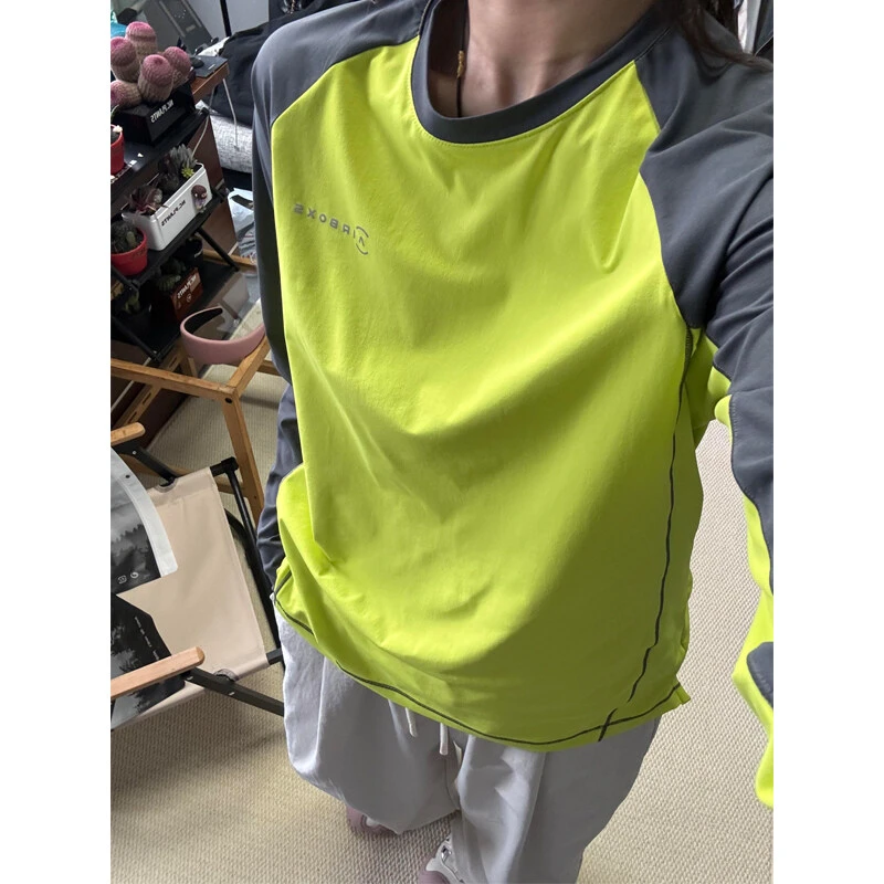 户外机能凉感荧光灰插肩骑行服长袖衫T恤夏季薄款防晒速干运动衫