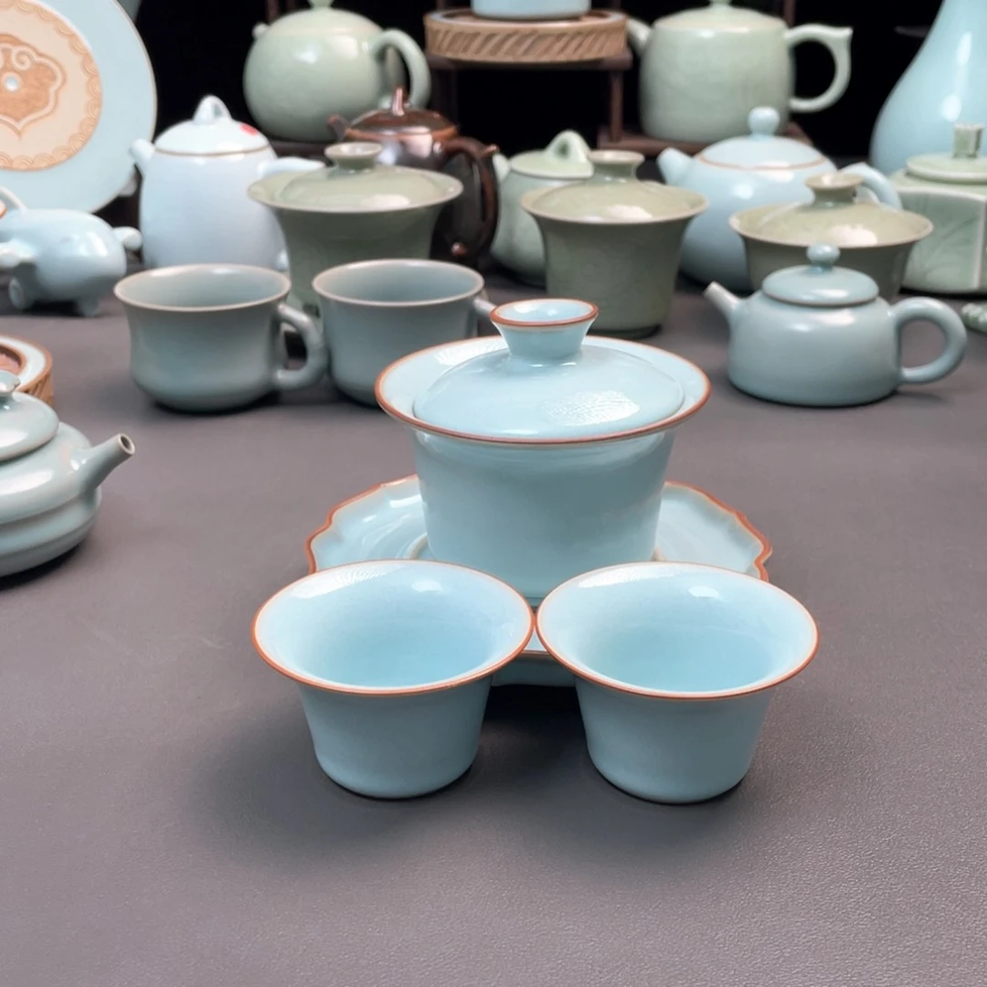 杯天青马蹄盖碗三件套简包装