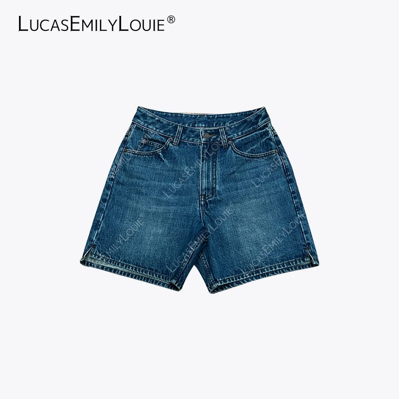 LUCASEMILYLOUIE 复古休闲磨白水洗小开衩牛仔短裤2410950