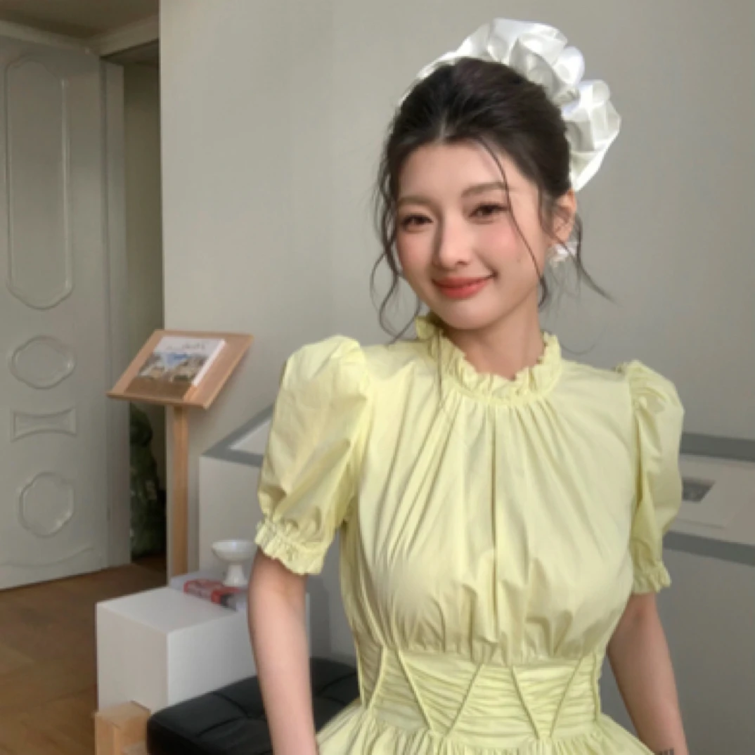 【连衣裙 套装】时尚松紧腰拉链纯色夏季泡泡袖木耳边领大摆连衣裙