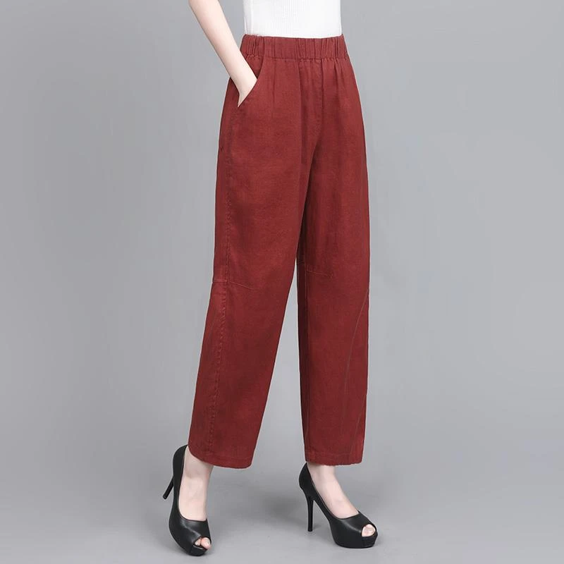 亚麻气球裤女酒红凉感轻薄透气百搭休闲裤2025春夏新款棉麻九分裤