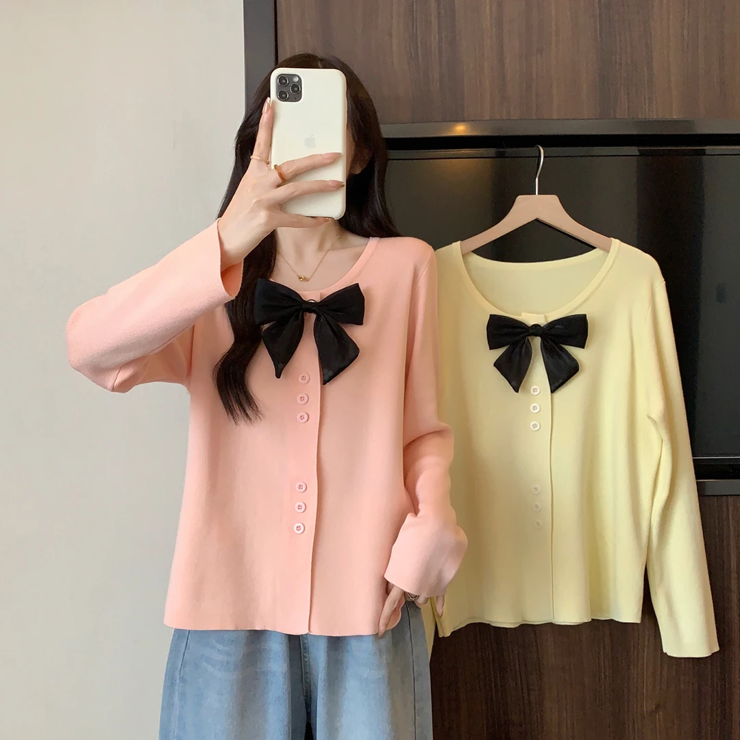 清69109大码女装2024秋季新款减龄蝴蝶结针织开衫百搭毛衣