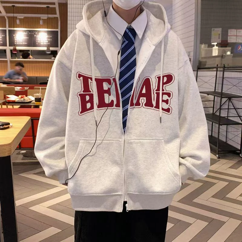 （改良正肩）灰色中山开衫卫衣外套女秋冬连帽百搭美式oversize情侣