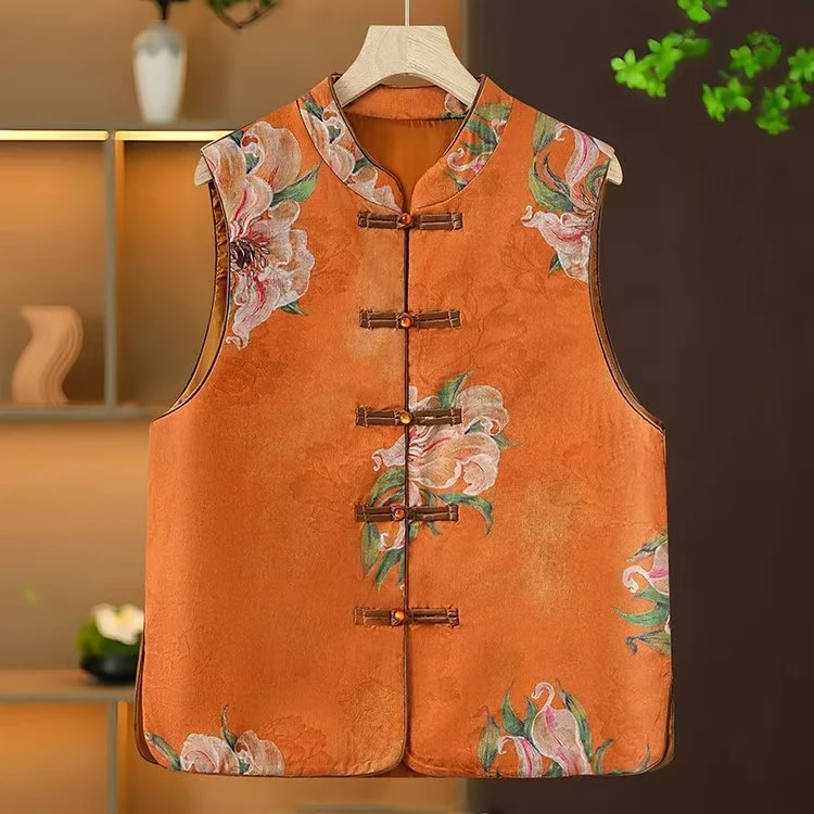 中国风新中式复古印花马甲2025春季新款立领盘扣时尚坎肩背心上衣