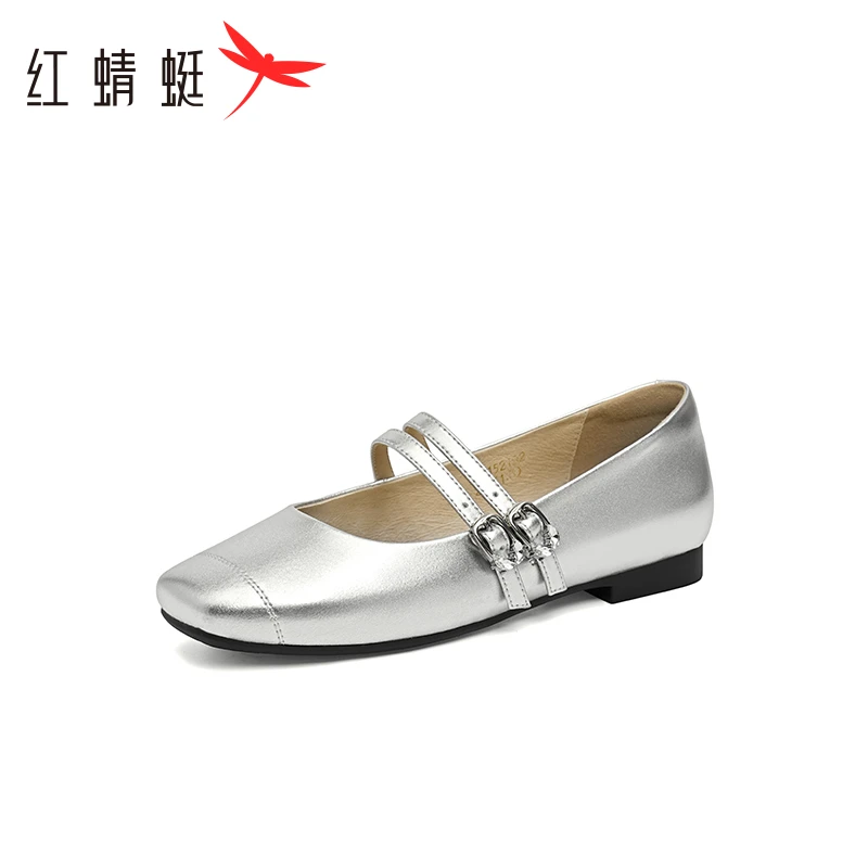 红蜻蜓银色玛丽珍鞋2025新款女鞋白色平底鞋法式芭蕾风单鞋小皮鞋