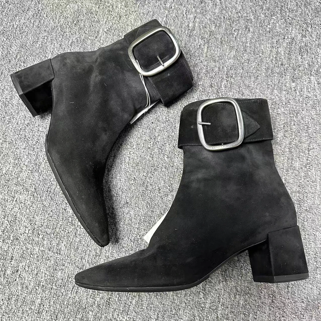 95新 YSL/圣罗兰 37码/无配件/黑色方扣时尚秋冬粗跟拉链短靴 426