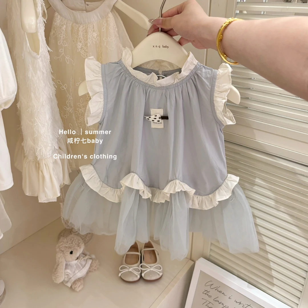 现【咸柠七】原创女童木耳边洋气蓝色连衣裙夏季中小童无袖背心裙