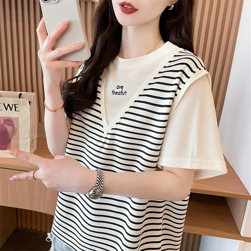 法乐琪假两件设计感短袖t恤夏季2025新款宽松大码小个子条纹上衣