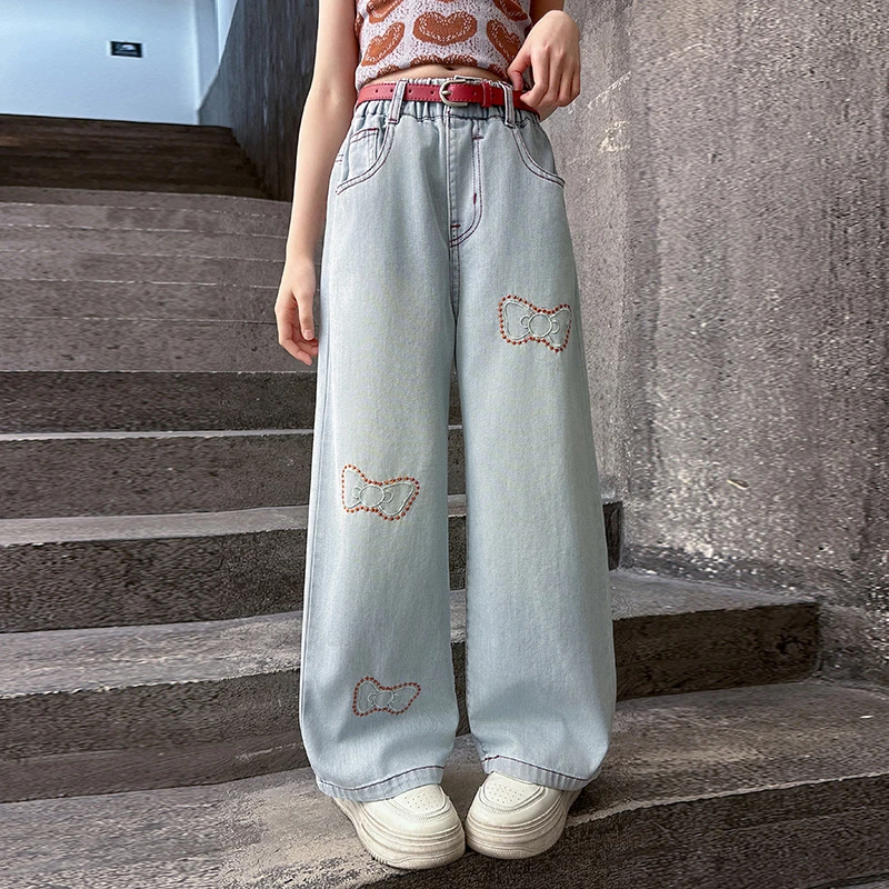 女童直筒牛仔裤夏季中大童小学生初中学生松紧腰宽松阔腿休闲裤子