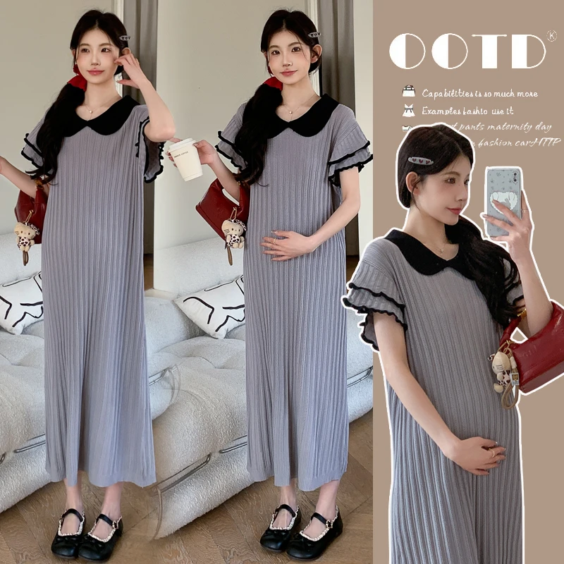 时尚孕妇夏季新款孕妈短袖polo领子气质温柔显瘦长款宽松连衣裙
