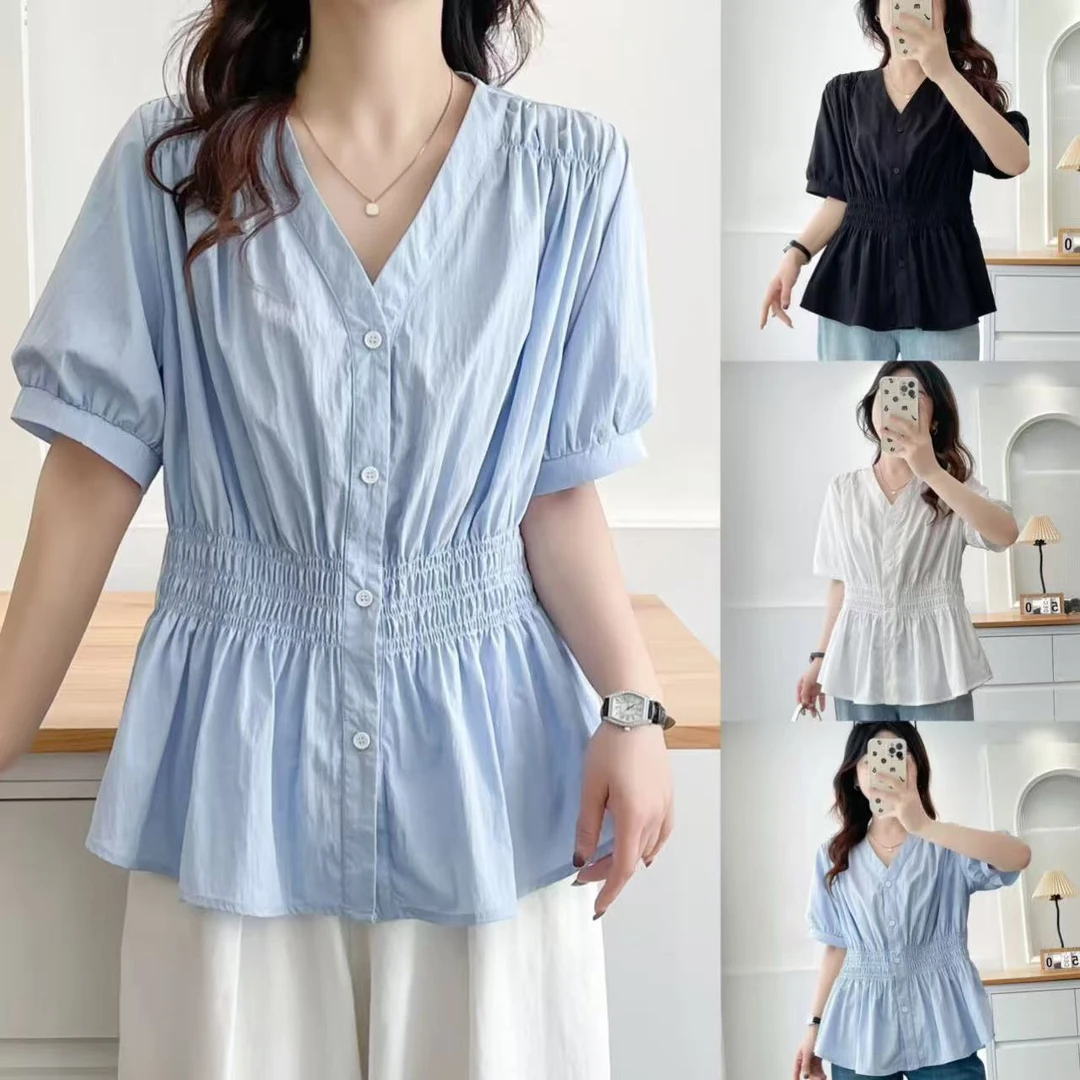 微胖大码女装夏季新款洋气胖MM法式小众V领收腰设计感短袖衬衫