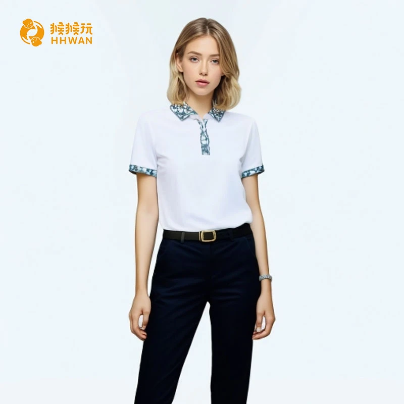 HHWAN珠地面料时尚花领短袖polo-白色/黑色女款运动透气翻领修身