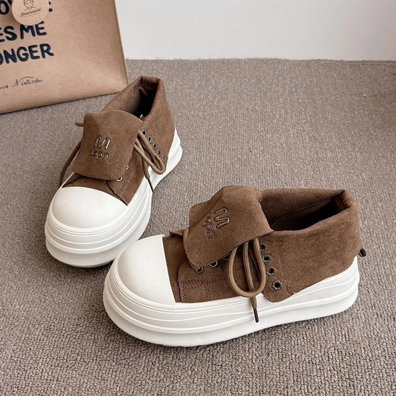 复古翻领系带厚底高帮鞋女马丁靴2025秋季新款小个子增高休闲单鞋