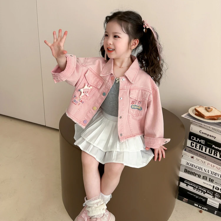女童牛仔外套2025秋季新款韩版洋气小童时髦卡通夹克女宝宝上衣