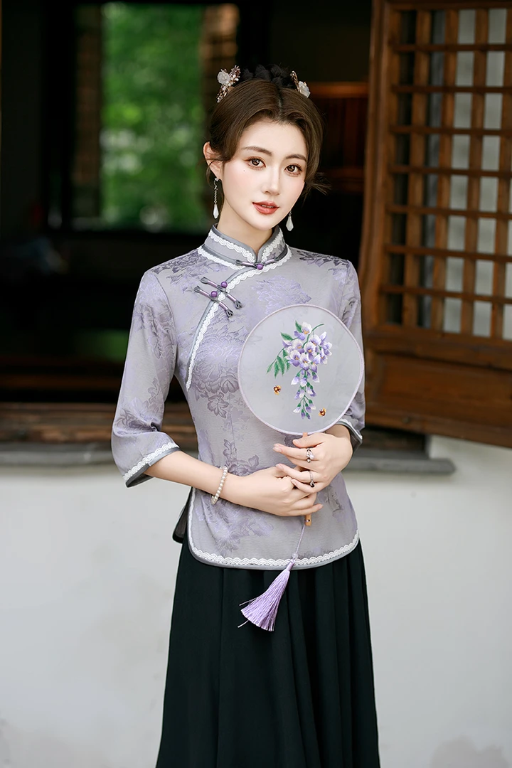 金粉世家  中国风夏季薄款提花七分袖花边立领旗袍小上衣