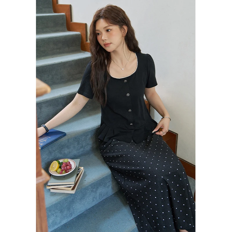 五季家大码女装【半生韶华】夏季显瘦上衣黑色半身裙两件套ZL106306