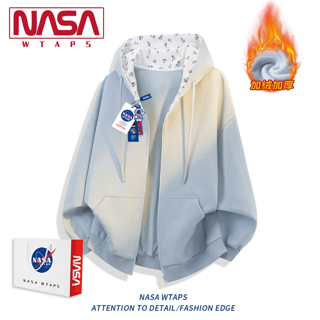 NASA WTAPS美式碎花连帽开衫加绒夹克男女款秋冬季宽松慵懒风外套