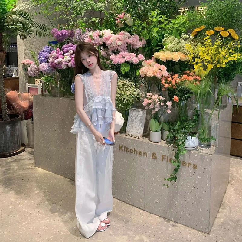 2025年夏季新款雪纺荷叶边衬衫女纯欲小飞袖上衣配高腰显瘦阔腿裤