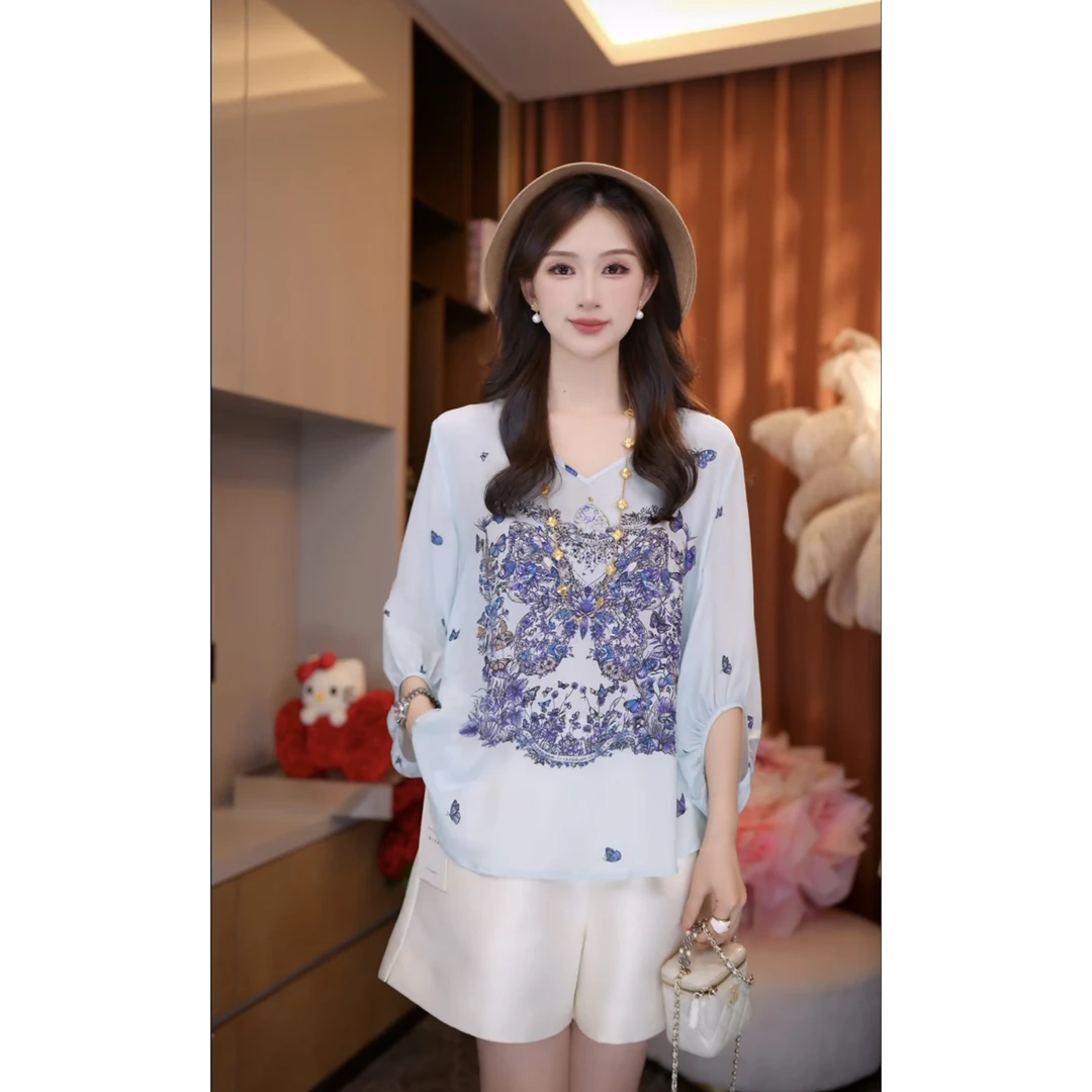 【丝芙玉禄】（F810）100%真丝双绉气质印花蝴蝶宽松桑蚕丝t恤上衣