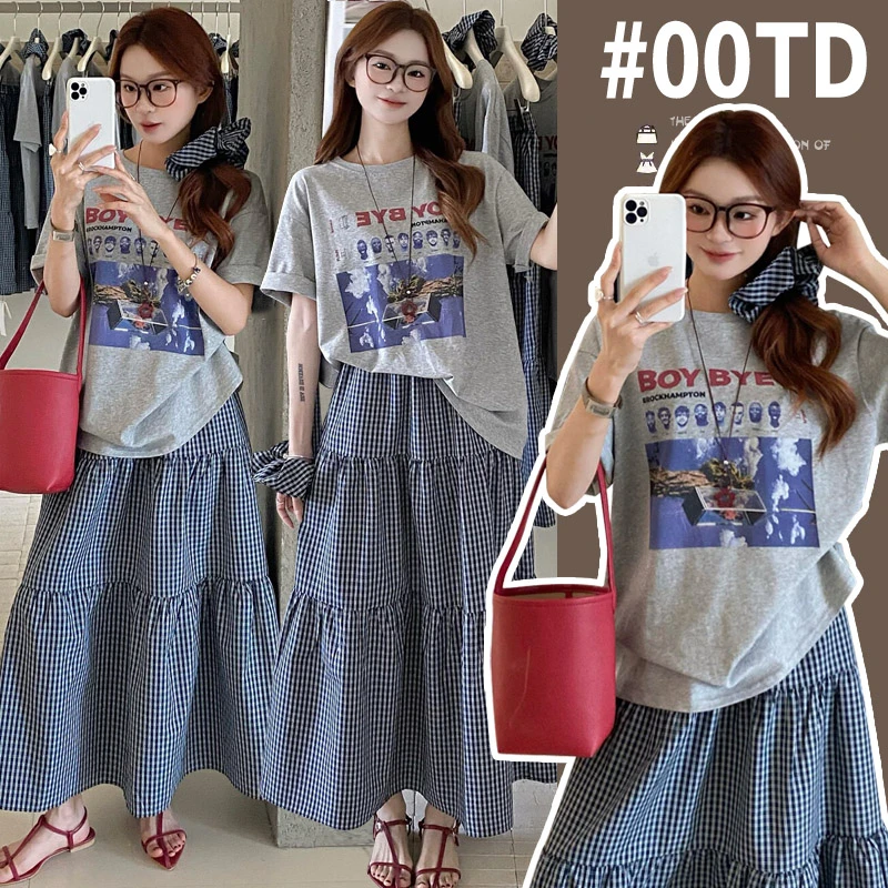 孕妇装韩版慵懒风印花短袖上衣格子半身裙夏季新款两件套