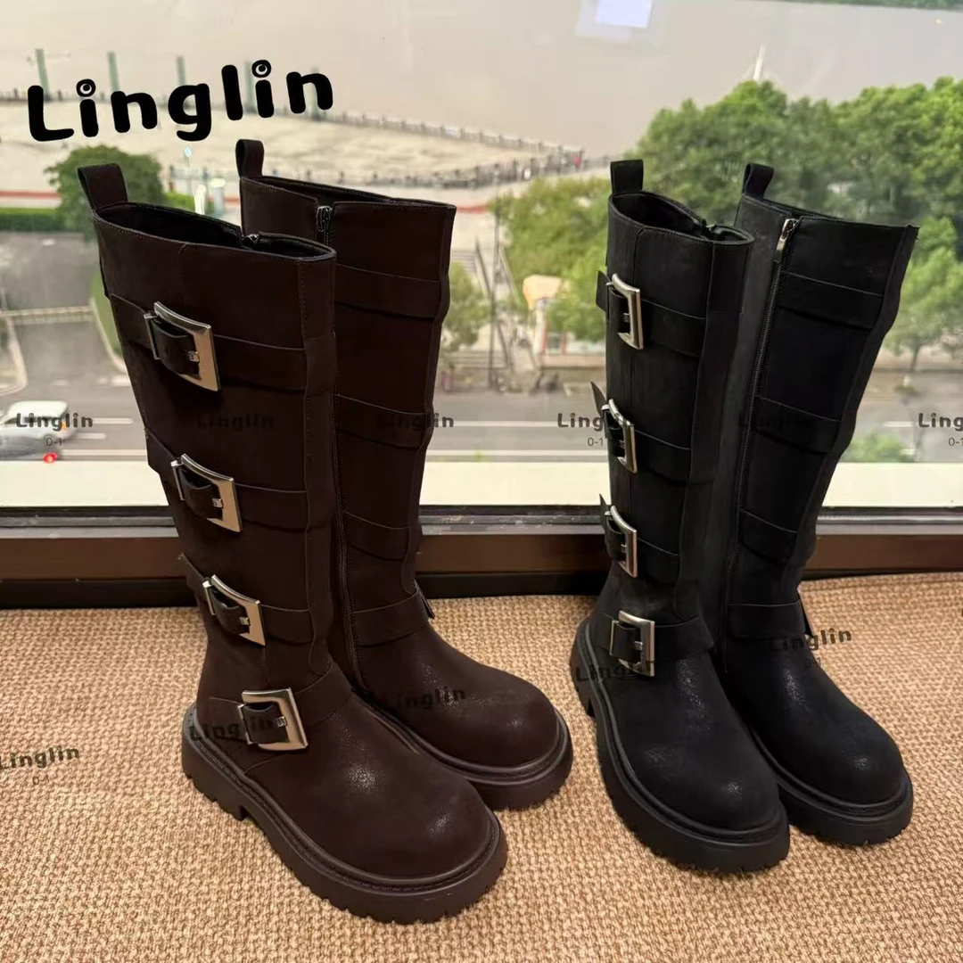 玲lin【凛星】2025新款圆头植鞣真皮方扣显瘦长靴