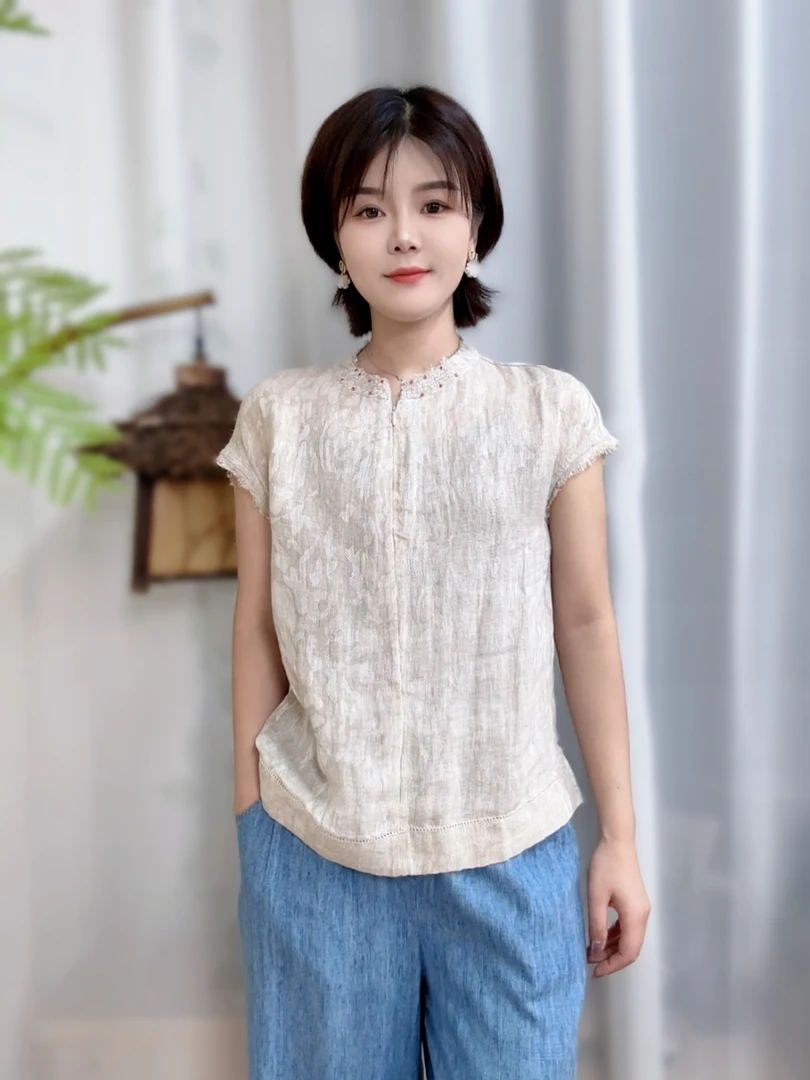 【物语】2025夏色织雨露麻大提花钉珠圆领衬衫包袖半开襟衬衣35101